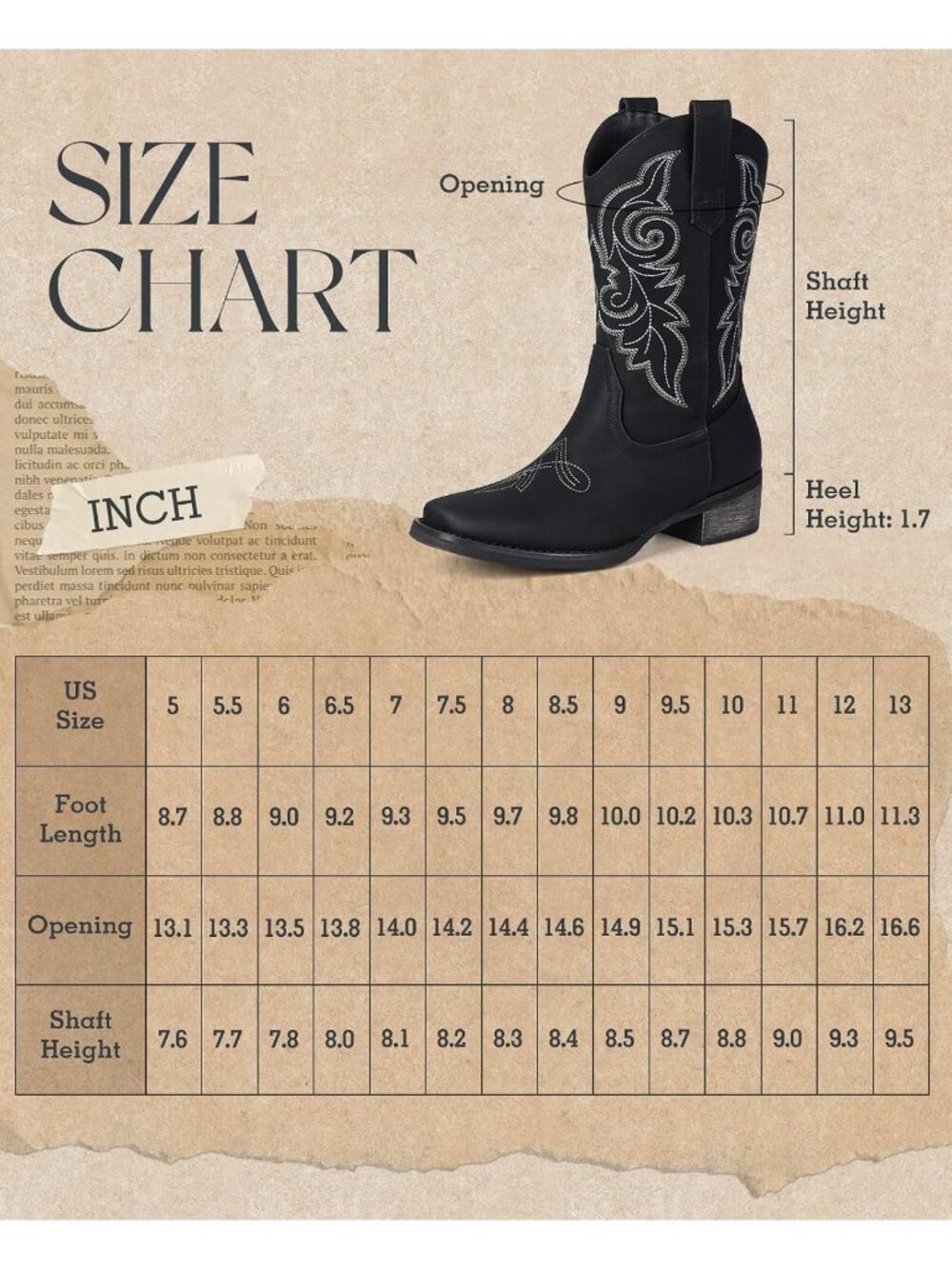 Women's Black Square Toe Mid Calf Low Chunky Heel Classic Retro Cowgirl Boots - Picture 6 of 6